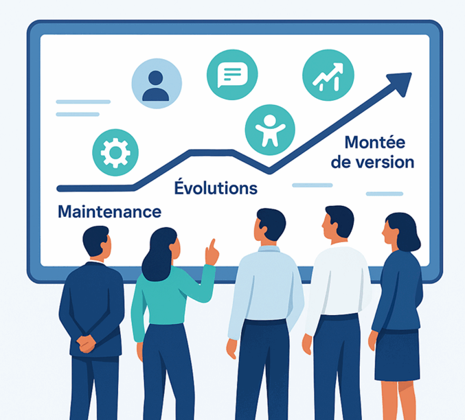 Illustration du centre de services avec les étapes clés, maintenance, évolutions et montée en version